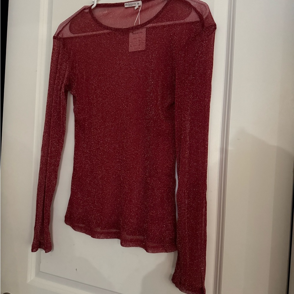 Women’s BelleLovin Sheer Sparkle Long-Sleeve Top in Wine size medium
